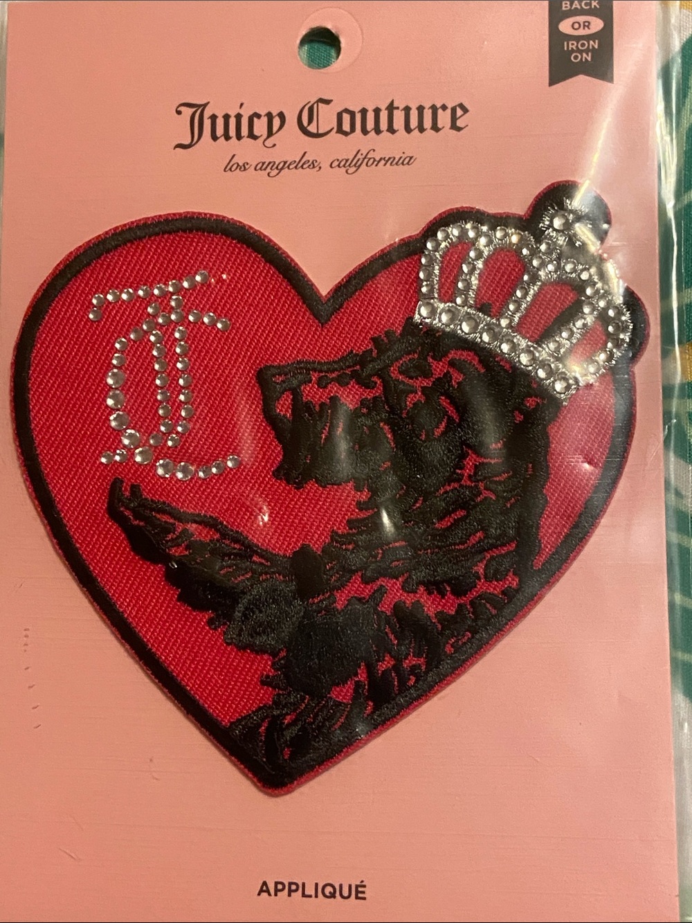 JUICY TERRIER PINK HEART PATCH NWT Magenta & Black BLING CROWN Couture
